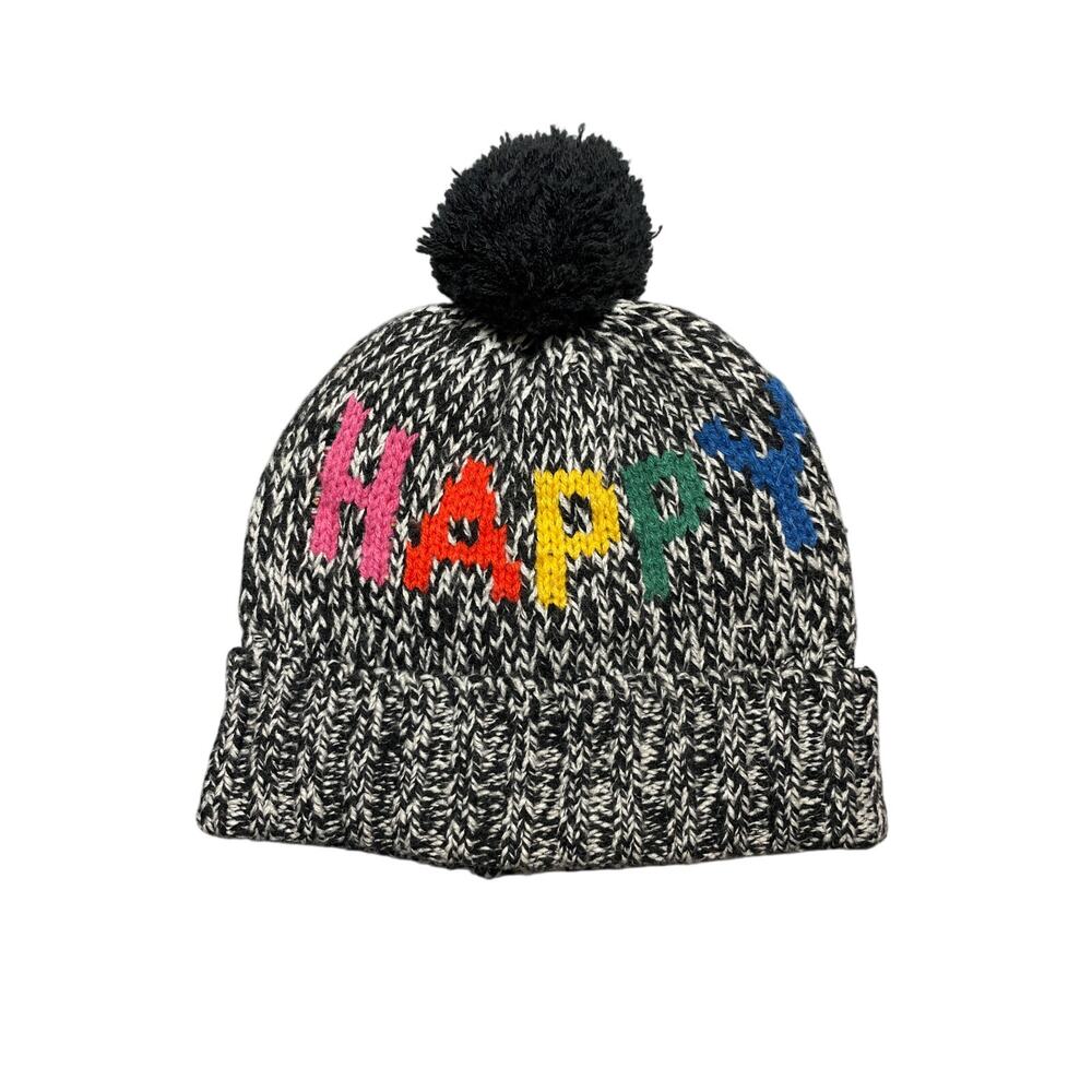 Gap Women's Black Happy Rainbow Print Knit Pom Pom Bonnet Beanie Hat Cap OS